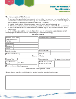 Swansea University Specific Needs Questionnaire