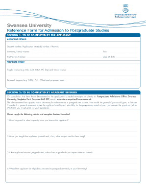 Swansea University Postgraduate Admission Reference Form