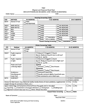Infant and Toddler Hearing and Vision Screening Form