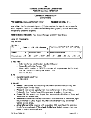 Migrant Seasonal Head Start Certificate of Eligibility