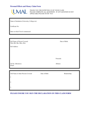 Personal Effects and Money Claim Form