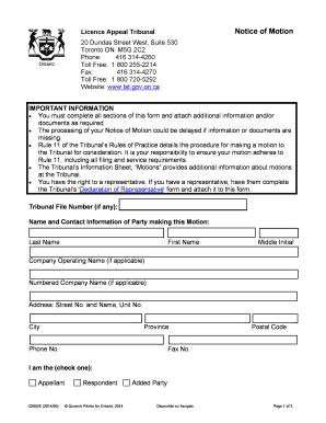 Notice of Motion for Licence Appeal Tribunal