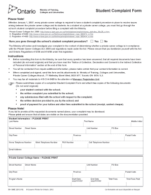 Ontario Student Complaint Form