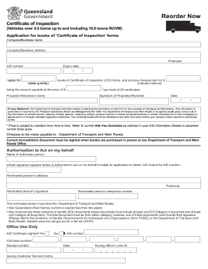 Reorder Now Certificate of Inspection Vehicles over 45 tonne up to and including 160 tonne RGVM Reorder Now Certificate of Inspection Vehicles over 45 tonne up to and including 160 tonne RGVM - support transport qld gov