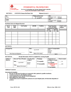 Interhospital Transfer Form for Blood Products