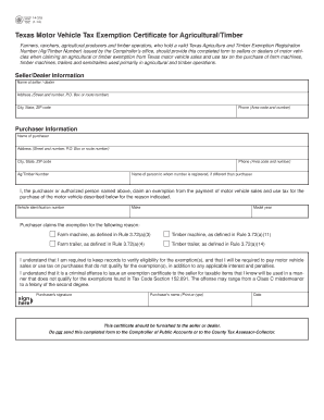 Texas Motor Vehicle Tax Exemption Certificate for Agricultural/Timber