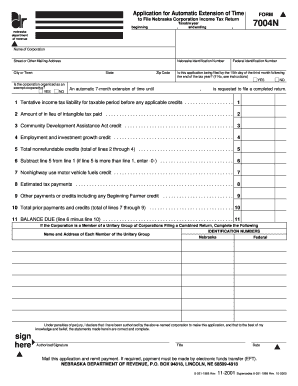Nebraska Corporation Income Tax Extension Form 7004N