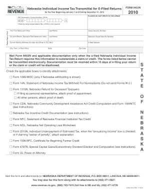 Nebraska Individual Income Tax Transmittal for E-Filed Returns
