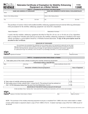 Nebraska Certificate of Exemption for Mobility Enhancing Equipment
