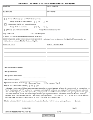 Military and Family Member Preference Claim Form