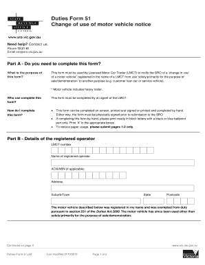 Victoria Change of Use Motor Vehicle Notice