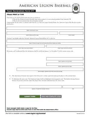 American Legion Baseball Team Declaration Form