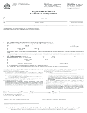Saskatchewan Appearance Notice Form 9