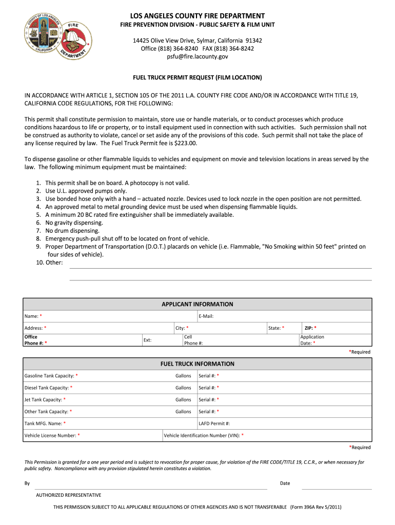 Fuel Truck Permit Film Location Application - Los Angeles County - fire lacounty Preview on Page 1