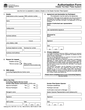 Dealer Number Plate System Authorisation Form