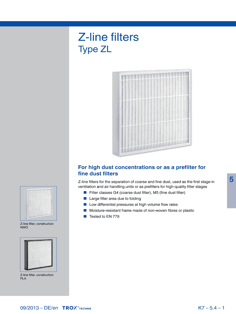 Fillable Online trox Zline filters Type ZL TROX Catalogue Filter Units