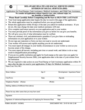 Delaware Application for Food Stamps, Cash Assistance, Medical Assistance, and Child Care Assistance