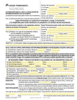 Formulario de autorización para el uso o divulgación de información médica de Kaiser Permanente