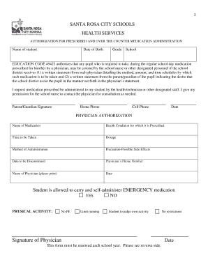 Santa Rosa Schools Medication Authorization Form