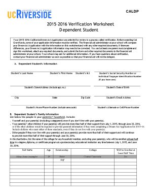 California Dream Act Application Verification Worksheet