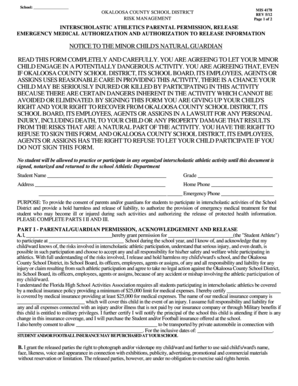 Okaloosa County School District Interscholastic Athletics Parental Permission and Release