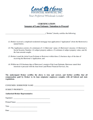 Loan Estimate Certification Form