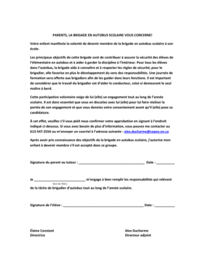 Formulaire de consentement pour la brigade en autobus scolaire