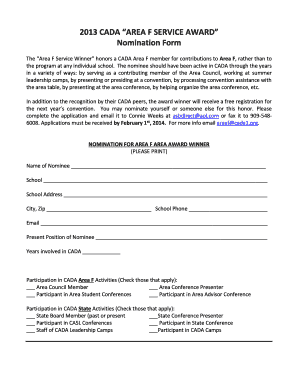 2013 CADA Area F Service Award Nomination Form