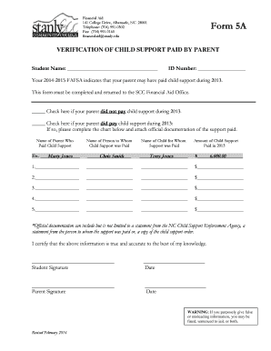 Verification of Child Support Paid by Parent Form 5A