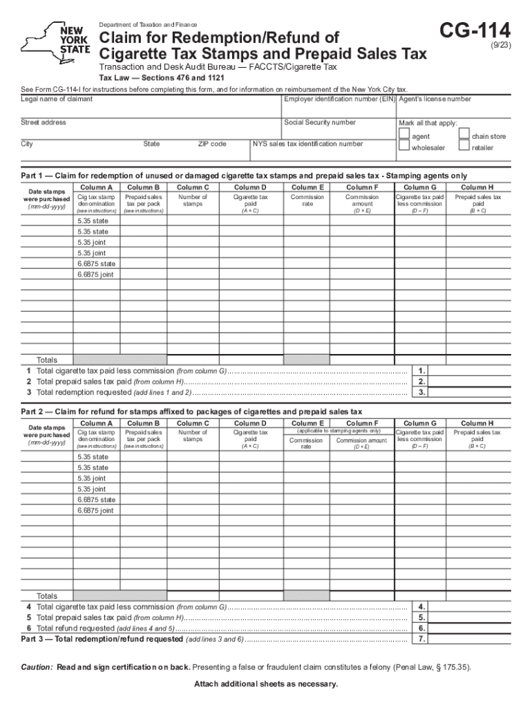 CG-114:7 10:Claim for Redemption Refund of Cigarette Tax Stamps Preview on Page 1
