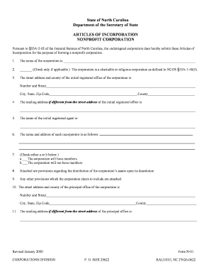 North Carolina Nonprofit Articles of Incorporation