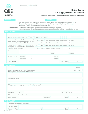 Cargo Goods in Transit Claim Form