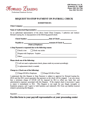 Request to Stop Payment on Payroll Check