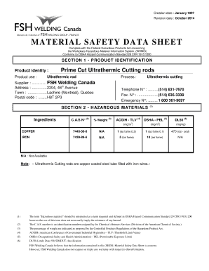 Material Safety Data Sheet for Prime Cut Ultrathermic Cutting Rods