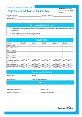 Certificate of Test LV Cables - Power and Water Corporation