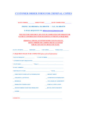 CUSTOMER ORDER FORM FOR CRIMINAL COPIES