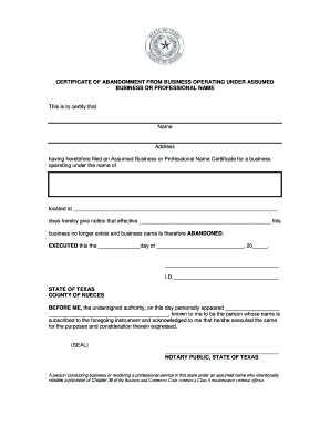 Certificate of Abandonment from Business Operating Under Assumed Name