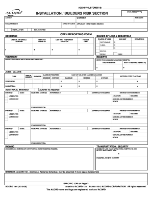Installation Builders Risk Open Reporting Form