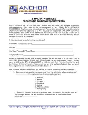 Email Data Services Processing Acknowledgement Form