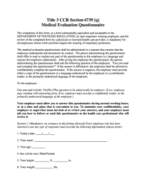 California Respirator Medical Evaluation Questionnaire