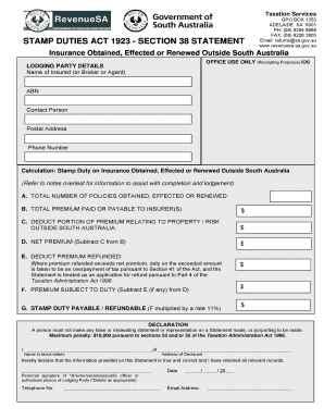 Stamp Duty Statement for Insurance Outside South Australia