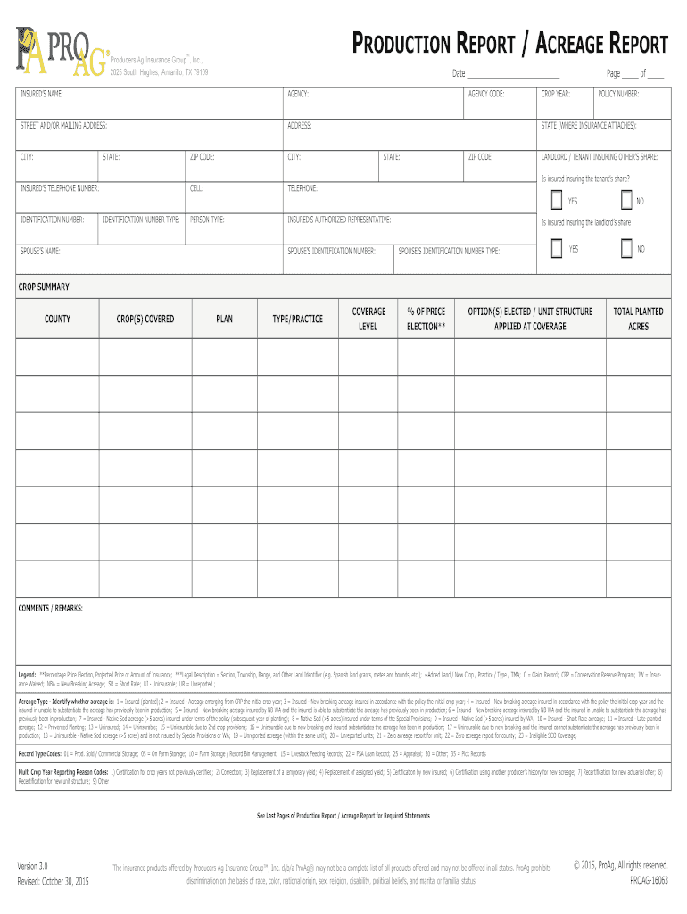 Fillable Online AcreageProduction Yield Report ProAg Fax Email Print