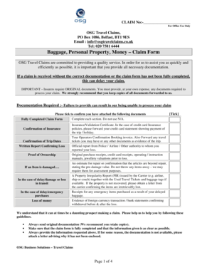 Baggage Personal Property Money Claim Form