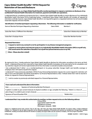Cigna HIPAA Request for Restriction of Use and Disclosure