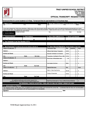 Tracy Unified School District Official Transcript Request Form