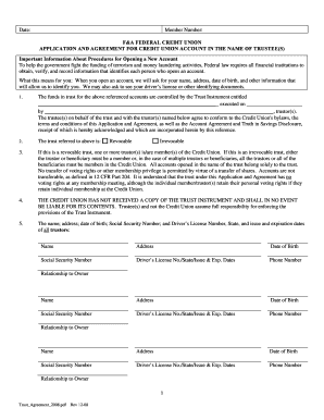 Application and Agreement for Credit Union Account in the Name of Trustee(s)