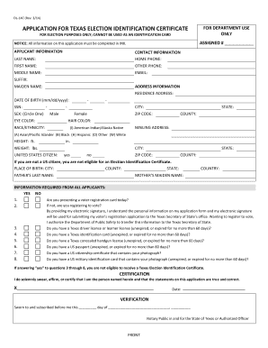 Texas Election Identification Certificate Application