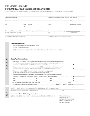 Minnesota JOBZ Tax Benefit Report Form M500
