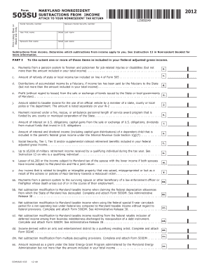 Maryland Nonresident Subtractions from Income Form 505SU