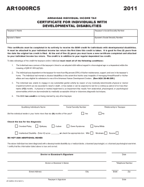 Arkansas Individual Income Tax Certificate for Developmental Disabilities